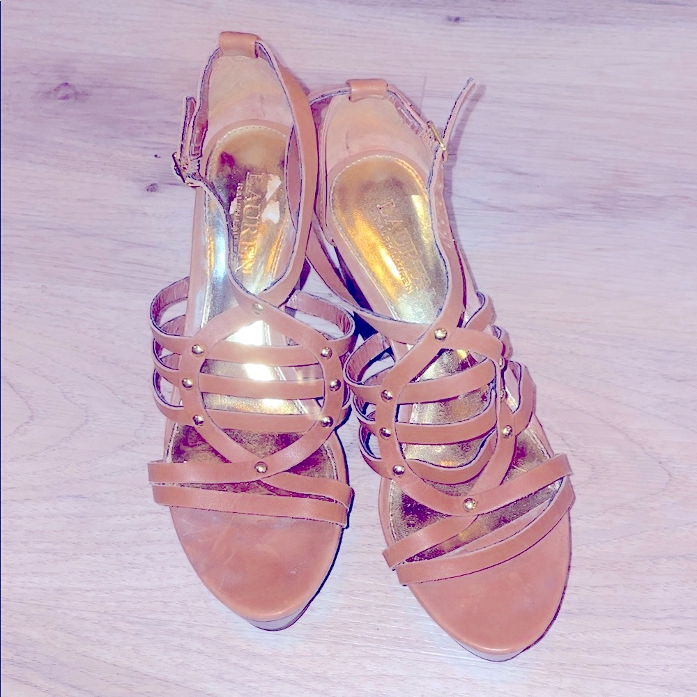 Lauren Ralph Lauren Brown And Gold Straps Platform Sandals Size 6.5